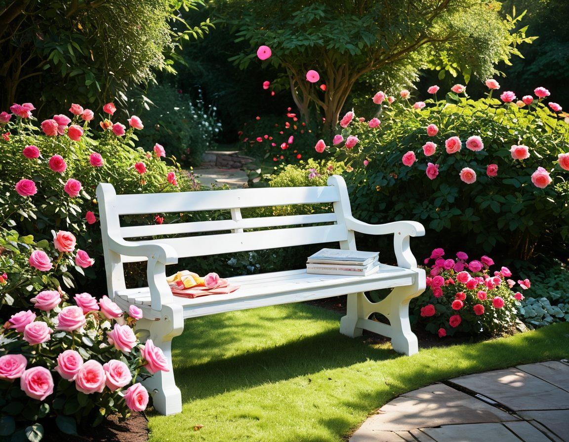 A serene and vibrant garden scene showcasing various rose varieties in full bloom, with soft sunlight illuminating their rich colors. An inviting wooden garden bench is placed nearby, surrounded by lush green foliage and vibrant petals scattered on the ground. A gentle breeze carries the scent of roses, enhancing the tranquil atmosphere. A small table with a guidebook about roses on it, inviting readers to explore. super-realistic. vibrant colors. soft focus.