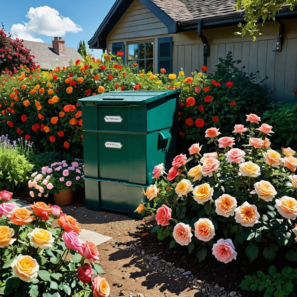 A lush garden scene showcasing elite heritage roses in full bloom, vibrant colors merging with deep greens. Incorporate elements of sustainable gardening, like a compost bin and rainwater collection system in the background. Include a gardener gently tending to the flowers, surrounded by bees and butterflies. A bright, sunny sky overhead enhances the atmosphere of vitality and care. super-realistic. vibrant colors. natural setting.