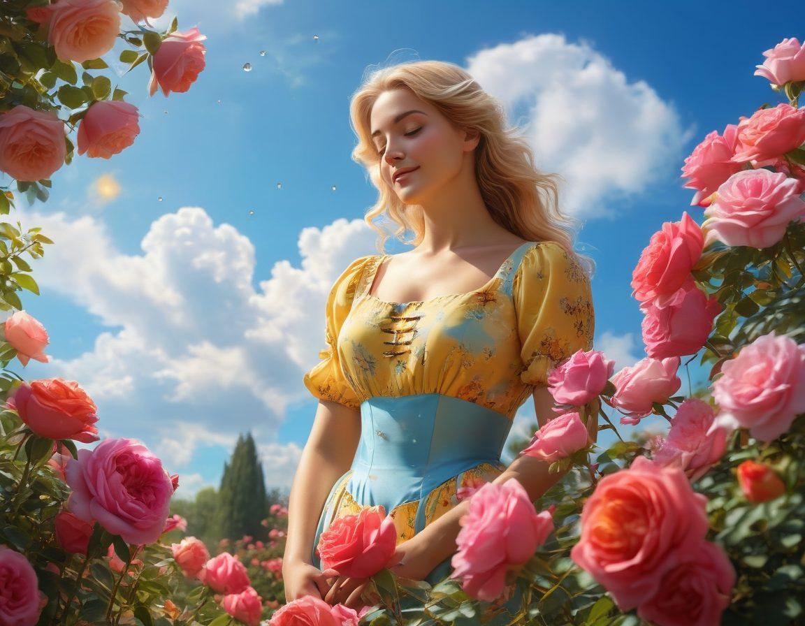 A lush garden filled with vibrant heritage roses in various colors, bees buzzing around, and a serene figure gently tending to the flowers, radiating joy and tranquility. The background features a sunny blue sky and soft clouds, enhancing the peaceful atmosphere. Water droplets glisten on the petals, symbolizing freshness and care. super-realistic. vibrant colors. soft focus.